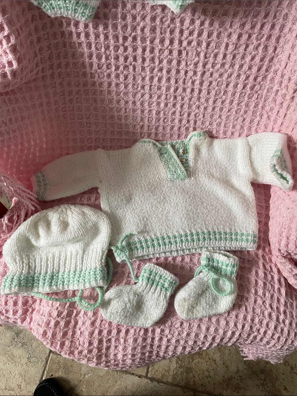 Baby Knit Sweater Set in White with Mint Trim - Kids Accessories Size 18 mon- 2T